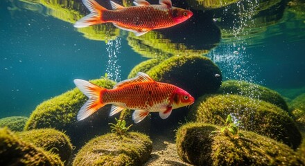 Two orange fish swimming in a clear, bright freshwater habitat