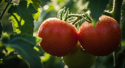 Two ripe tomatoes on a vine, covered with droplets, shining in sunlight