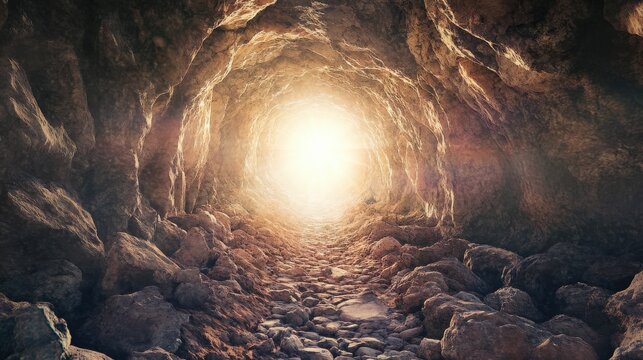 Mysterious cave tunnel with a bright light emanating from the end, rocky path leading towards hope and discovery