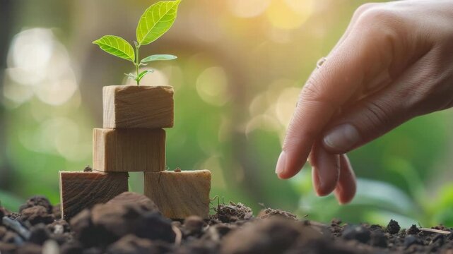 Close-up of a hand nurturing a young plant as it emerges from the soil. Sunlight shining through leaves and creating bokeh effect in background.