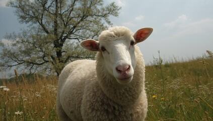 Fototapeta premium A sheep grazing in a field with a tree behind, embodying rural tranquility, World Animal Day