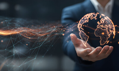 Global connection concept with digital earth in hand, ideal for tech, business, or international marketing campaigns, showcasing modern innovation