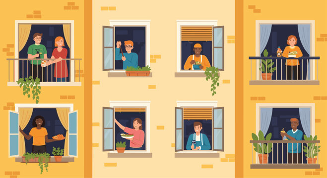 Diverse neighbors share food and connect from open windows and balconies, fostering community spirit and togetherness during quiet evenings