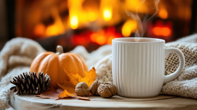 Cozy autumn scene with a steaming mug of hot drink, a small pumpkin, pinecone, and walnuts by a fireplace