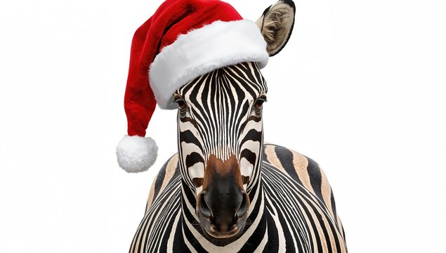 Graphical zebra wearing a Santa Claus hat set against a white background, festive illustration