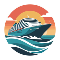 Cruise Ship Vector Illustration Ocean Sea Waves Vacation Holiday Tourism Nautical Travel Boat Vessel Marine Adventure Voyage Destination Coastline Sunset
