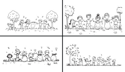 Obraz premium kids playing illustration, outdoor playground sketch, happy children artwork, fun activity drawing, hand drawn kids art, outdoor family fun, child recreation illustration, nature play design, summer o