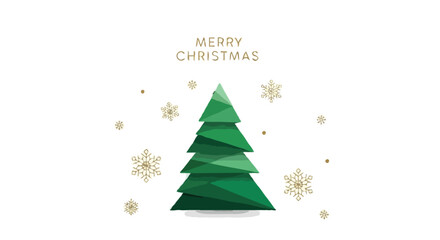 Minimalist Merry Christmas Card with Geometric Tree and Gold Snowflakes