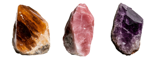set of orange, purple and pink shapes amethyst crystal, gem diamond isolated on transparent background