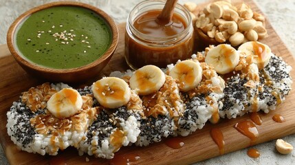Sweet rice cakes with bananas, nuts, and sauce are artfully arranged.