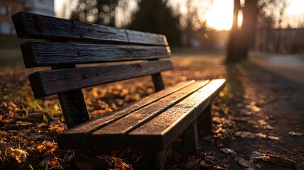 Parkbank im warmen Abendlicht
