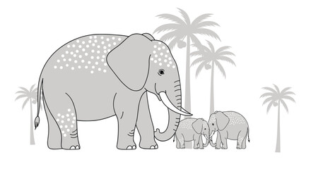 Naklejka premium A majestic adult elephant with two adorable calves stands in a tropical landscape, their bodies adorned with unique white spots.