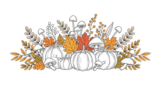 A decorative autumn harvest arrangement featuring outline pumpkins and mushrooms surrounded by colorful fall leaves and berries, celebrating the season.