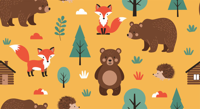 Cute cartoon forest animals and nature elements create a cheerful seamless pattern on a yellow background for kids' designs.