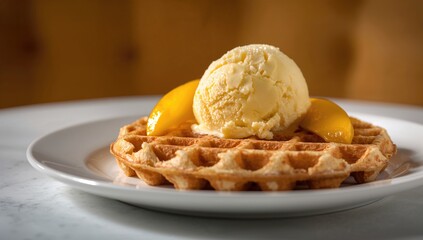 Mango waffle ice cream on a plate, highlighting the sweetness of fresh fruit, dessert indulgence