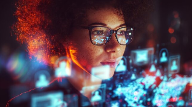 Stylish programmer decoding visual data in today's work world. Digital society network. Woman with chic glasses analyzes complex digital displays. Virtual collaboration symbol. - Powered by Adobe