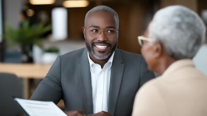 Insurance agent explaining claim process to elderly client with visible reassurance and empathy, symbolizing professional support, financial care, and personal guidance through complicated