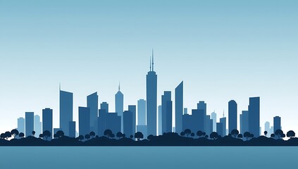 Obraz premium A silhouette of a modern city skyline with various skyscrapers and trees against a clear blue sky.