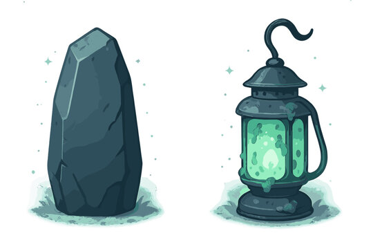 Ancient dark standing stone next to a mysterious glowing green metal lantern on a white background