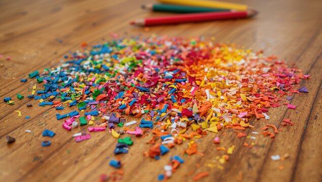 Colored pencil shavings scattered on a wooden surface, ideal for artistic backgrounds