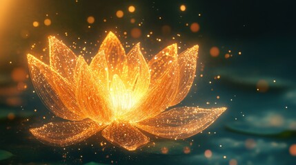 A glowing golden lotus flower composed of sparkling particles, floating on water with bokeh lights, representing spirituality and enlightenment