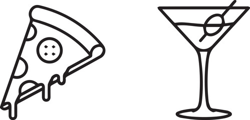 Minimalist Line Art: Slice of Pizza with Melting Cheese and Martini Glass with Olive on White Background                                              