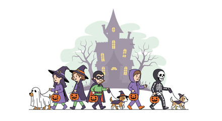 Joyful children in Halloween costumes trick or treating with their costumed dogs past a spooky haunted house