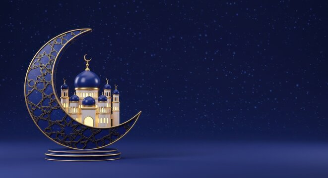 Ramadan kareem crescent moon with mosque on blue background, islamic holiday concept design.