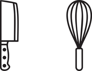 Simple Black and White Outline of a Chef's Knife and a Whisk on a White Background                                                                    