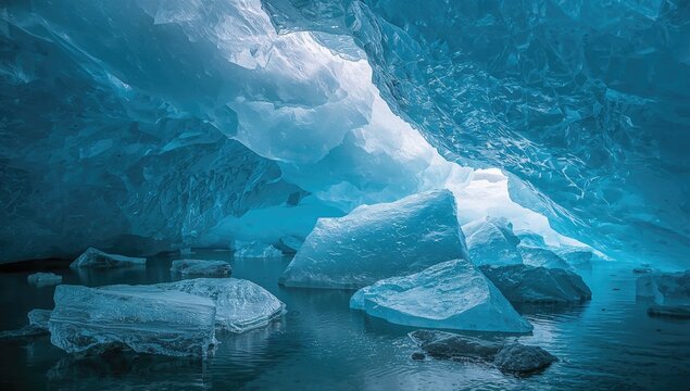 Transparent ice formations in a glacier crevasse, stunning blue diamond-like shapes within sparkling frost-laden icy caverns. Glacier ice boulders scattered across a frozen landscape.