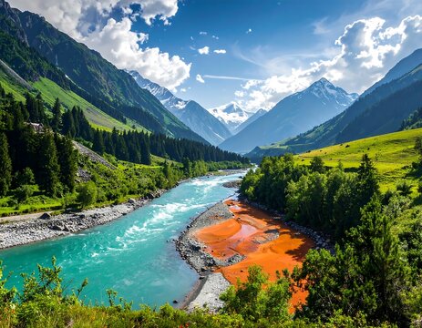 A vibrant river winds through a valley flanked by lush green hills, with majestic snow-capped mountains in the background under a blue sky