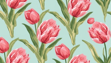 Obraz premium Seamless tulip design featuring big pink blossoms and green foliage on a pale blue backdrop. Perfect for textiles, wallpapers, gift wrap, and invitations.