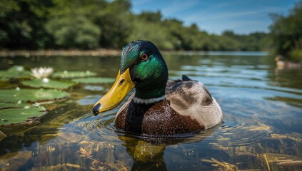 Fototapeta premium Closeup of a male Mallard duck gliding through clear lake water, focus on natural habitat