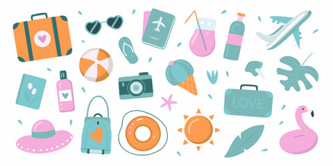 Collection of summer vacation travel icons and symbols for holiday adventures
