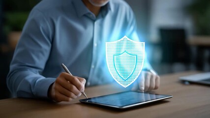 Modern business client signing insurance policy contract on tablet while digital holograms illustrate risk coverage, financial security, and customized protection plans, symbolizing advanced - Powered by Adobe