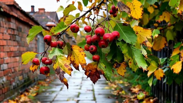 Autumn crabapples ripen on a branch with colorful leaves near a brick building.
