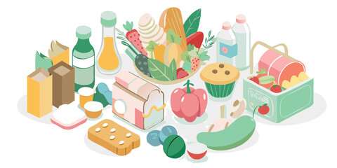 A colorful assortment of fresh groceries and baked goods arranged in a playful isometric illustration style