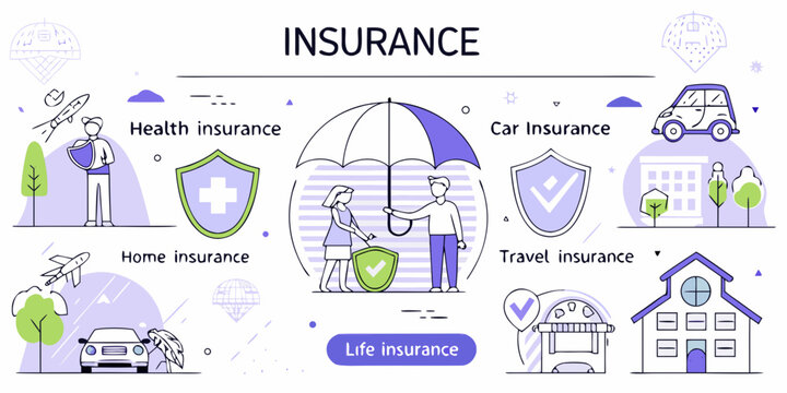 Comprehensive insurance coverage explained through icons for health home car travel and life protection