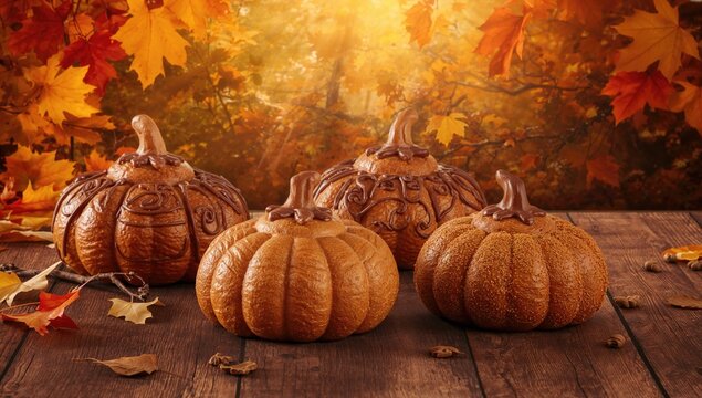 Halloween greeting card featuring delicious pumpkin-shaped buns and fall foliage, seasonal celebration