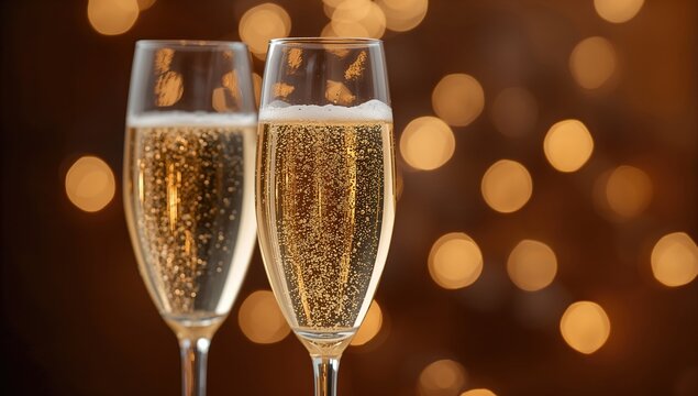 Closeup of champagne glasses with blurred lights in the background, festive celebration theme - Powered by Adobe