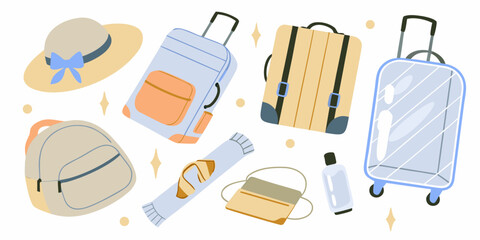 Collection of travel essentials including suitcases backpack hat toiletries and handbag on a white background with sparkling accents