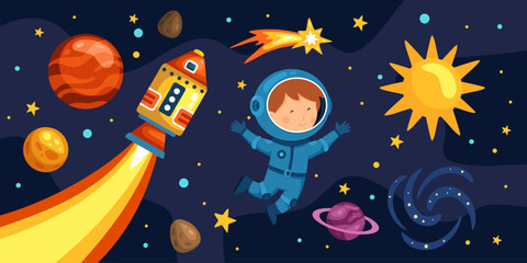 Children outer space. Kids astronauts exploring galaxy planets, little astronaut cosmic rocket in star sky universe, cartoon kid cosmonaut in spacesuit kicky vector illustration © ssstocker