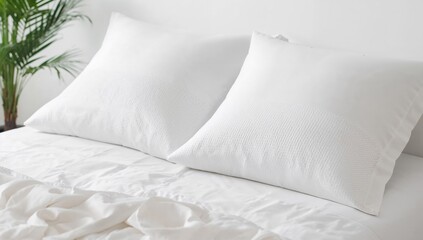 Memory foam hypoallergenic pillows displayed on a white bed, space for text. Themes of laundry and dry cleaning services. Bedding and pillow covers with allergy protection.