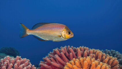 Arowana fish swimming amidst coral, vibrant blue backdrop, aquatic ecosystem exploration