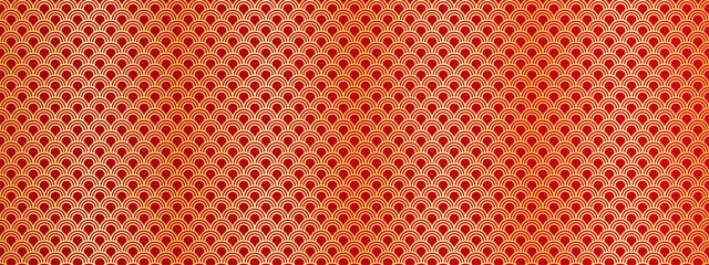 Chinese golden pattern. Japan tradition wave seamless texture, realistic gold cloud lines red background abstract scale asian motive wall wrap paper new year vector illustration