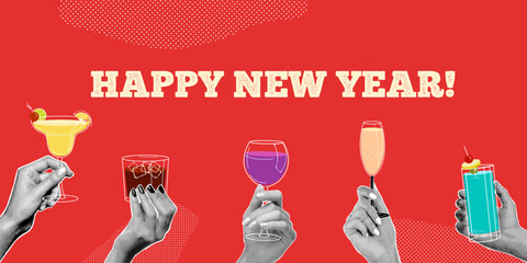 Christmas drinks collage. Hands holding alcohol drink glass, happy new year cheers xmas cocktail party hand hold wine champagne holiday celebration halftone vector illustration