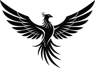 Phoenix silhouette, legendary firebird, rebirth symbol, symmetrical wings, fantasy creature, decorative tattoo design, mythical bird, powerful motion pose, flat vector