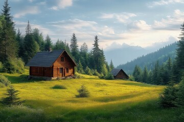 Peaceful mountain landscape with two wooden cabins surrounded by green evergreen trees and a sunlit meadow under a partly cloudy sky