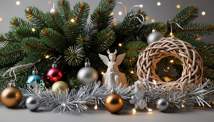 An exquisite composition of Christmas decorations fir branches, shimmering garlands and shiny balls. Create a festive atmosphere with silver and mother-of-pearl Christmas decorations.