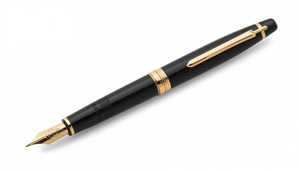 Luxury black and gold fountain pen on white backdrop, operational efficiency